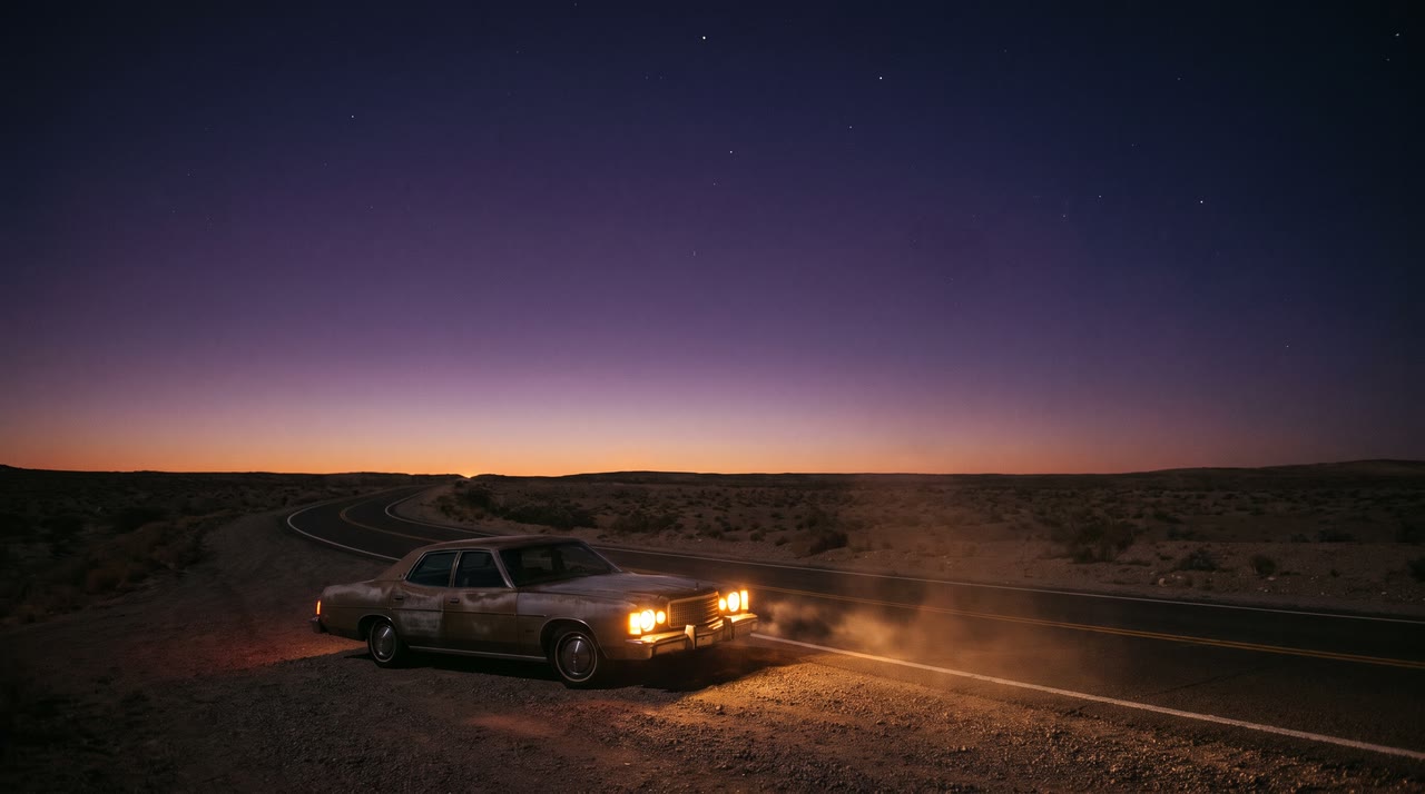 An AI-generated night road behind the lyric Drive until the city sleeps